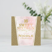 Roze Gouden Glitter Glam Sweet 16 Verjaardagsfeest Kaart (Staand voorkant)