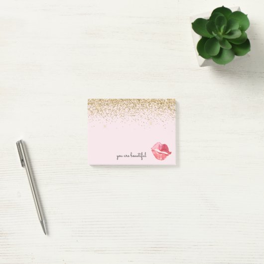 Roze Gouden Glitter Glam Waterverf Kus Post-it® Notes (Kantoor)
