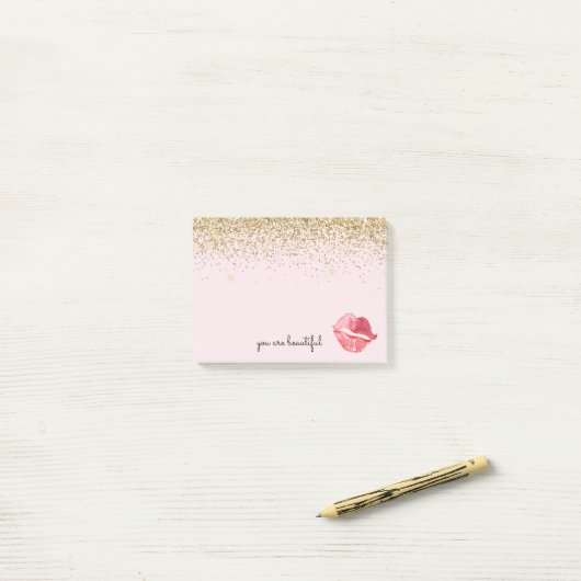 Roze Gouden Glitter Glam Waterverf Kus Post-it® Notes (Op bureau)