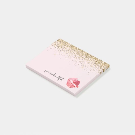 Roze Gouden Glitter Glam Waterverf Kus Post-it® Notes (Schuin)