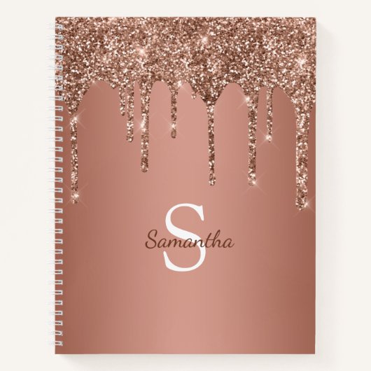 Roze Gouden Glitter Glans Drip Monogram Naam Notitieboek (Voorkant)