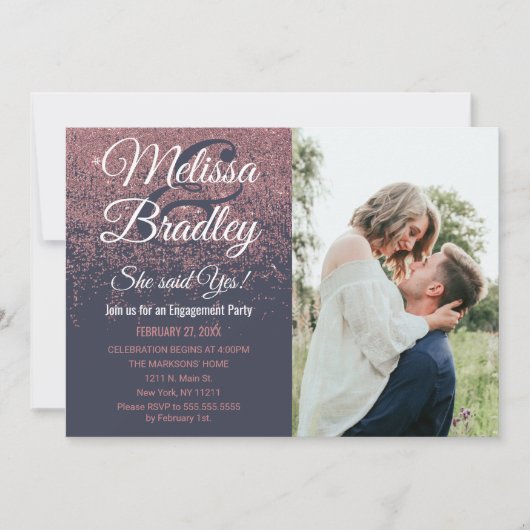 Roze Gouden Glitter Glans Navy Blauwe Huwelijksaan Kaart (Voorkant)