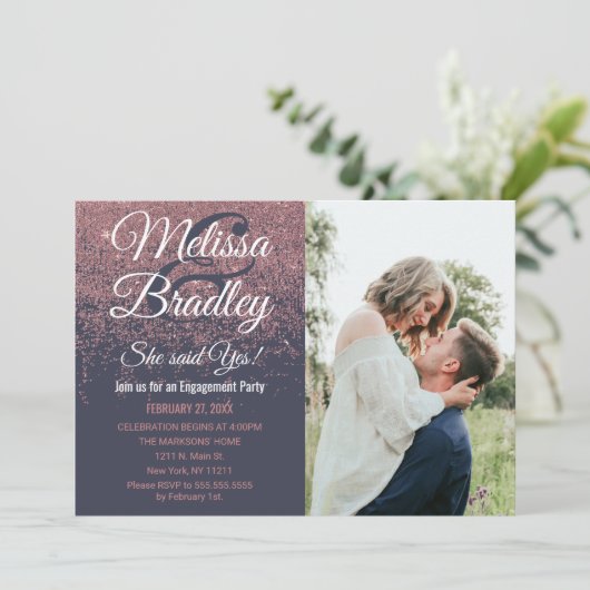 Roze Gouden Glitter Glans Navy Blauwe Huwelijksaan Kaart (Staand voorkant)