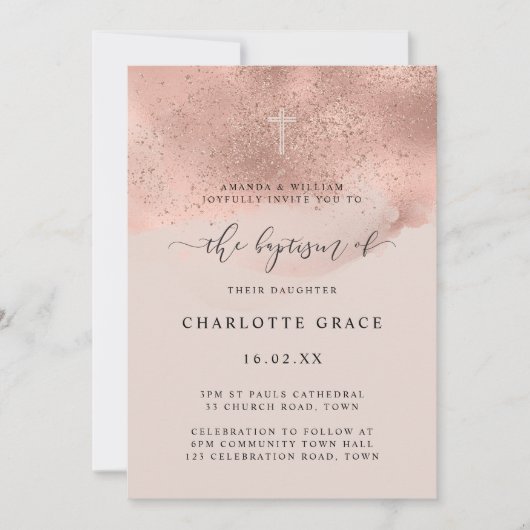 Roze Gouden Glitter Glans Schrift Doop Kaart (Voorkant)