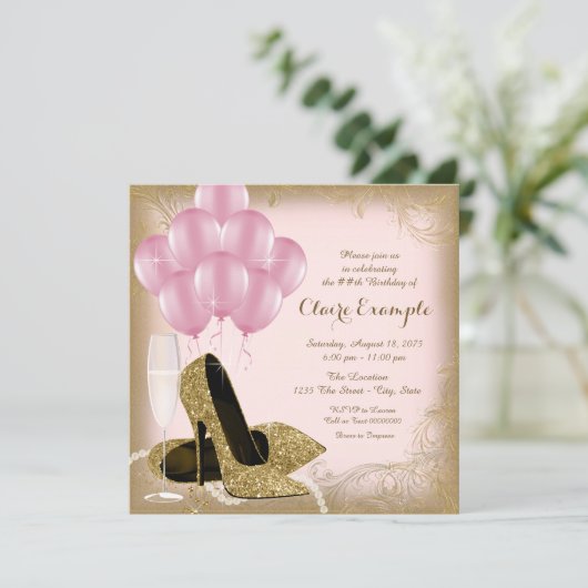 Roze Gouden Glitter Hoge Hakken Verjaardag Uitnodi Kaart (Staand voorkant)