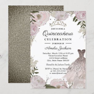 Roze Gouden Glitter Jurk Bloem Quinceanera Kaart