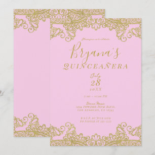 Roze & Gouden Glitter Kant Elegante Quinceañera Kaart