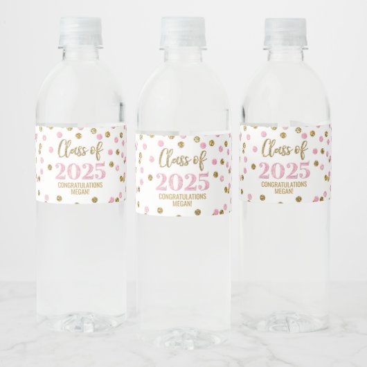 Roze Gouden Glitter Klasse van 2025 Afstuderen Waterfles Etiket (Flessen)