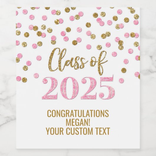 Roze Gouden Glitter Klasse van 2025 Afstuderen Wijn Etiket (Enkel label)