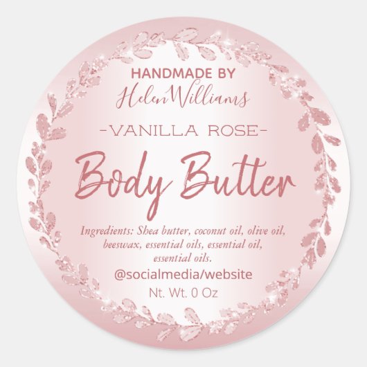 Roze Gouden Glitter Krans Body Butter Labels (Voorkant)