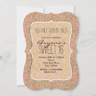 Roze & Gouden Glitter Kristal Glam Feest Uitnodigi Kaart