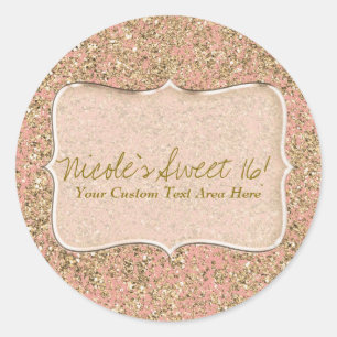 Roze & Gouden Glitter Kristal Glam Verjaardags Fav Ronde Sticker