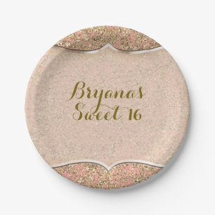 Roze & Gouden Glitter Kristal Glam Verjaardagsfees Papieren Bordje