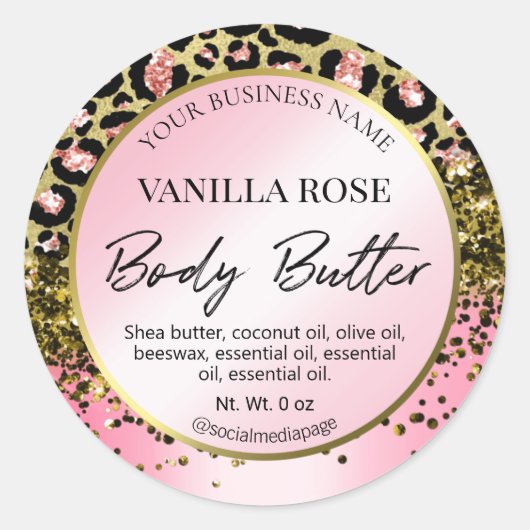 Roze Gouden Glitter Leopard Print Body Butter Labe Ronde Sticker (Voorkant)
