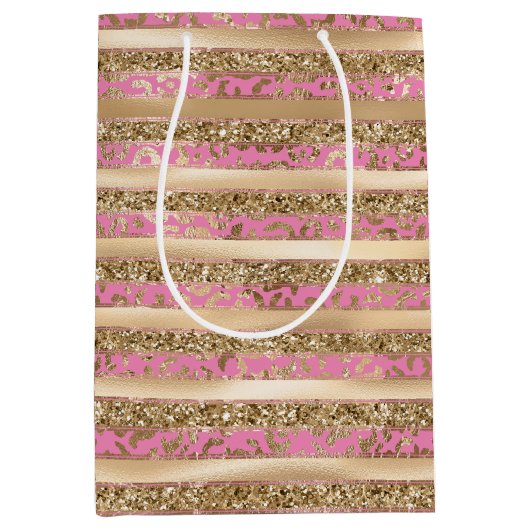 Roze Gouden Glitter Leopard Print Strepen Medium Cadeauzakje (Voorkant)