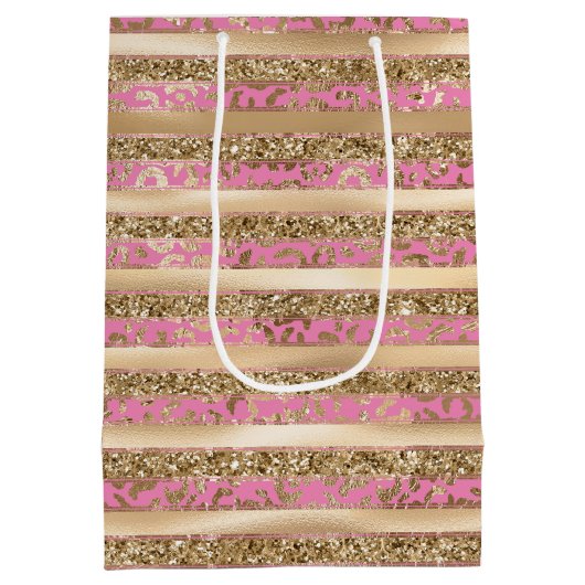 Roze Gouden Glitter Leopard Print Strepen Medium Cadeauzakje (Achterkant)