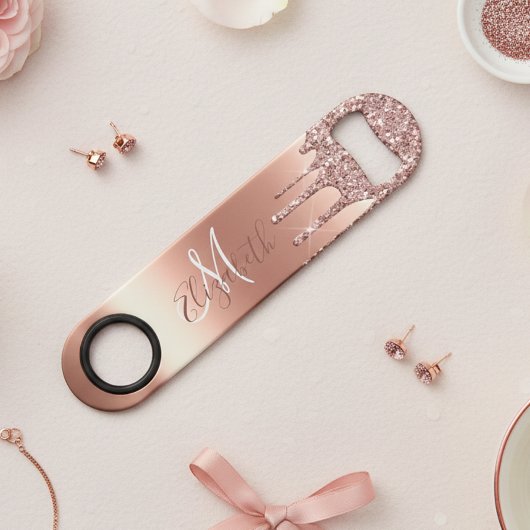 Roze Gouden Glitter Look Drips Monogram Metaal Speed Flessenopener