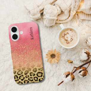 Roze Gouden Glitter Luipaardprint Monogram Naam iPhone 16 Hoesje