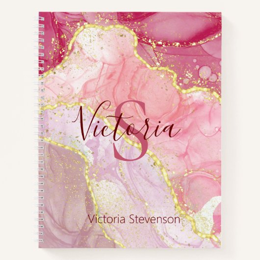 Roze Gouden Glitter Marmer Geode Monogram Notitieboek (Voorkant)