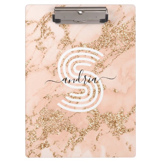 Roze Gouden Glitter Marmer, Script Naam Witte Mono Klembord (Voorkant)
