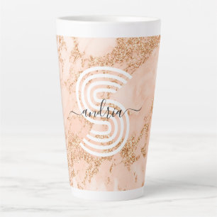 Roze Gouden Glitter Marmer, Script Naam Witte Mono Latte Mok