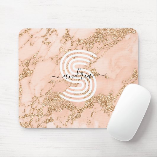 Roze Gouden Glitter Marmer, Script Naam Witte Mono Muismat (Met muis)