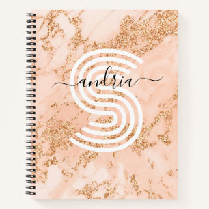 Roze Gouden Glitter Marmer, Script Naam Witte Mono Notitieboek