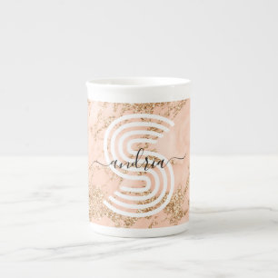 Roze Gouden Glitter Marmer, Script Naam Witte Mono Porselein Kop