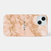 Roze Gouden Glitter Marmer, Zwarte Script Naam iPhone 15 Case (Achterkant horizontaal)