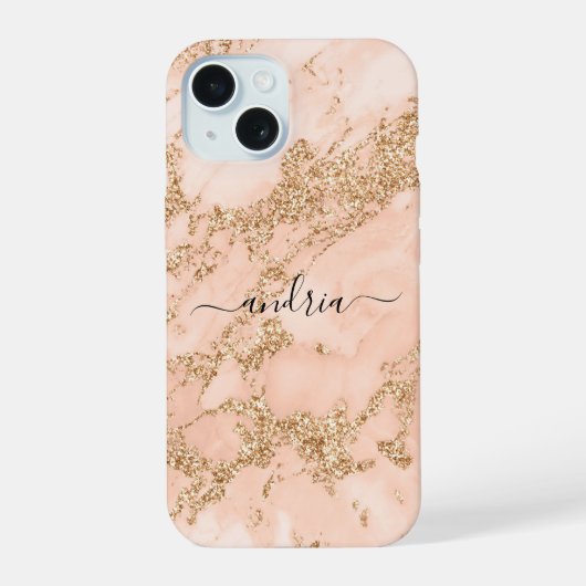 Roze Gouden Glitter Marmer, Zwarte Script Naam iPhone 15 Case (Achterkant)