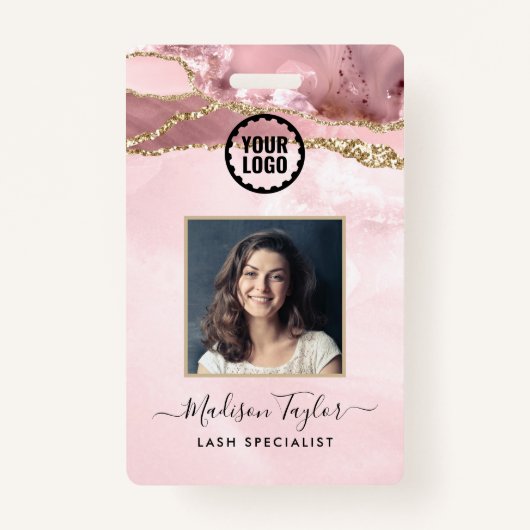 Roze Gouden Glitter Marmeren Agaat Foto Zakelijk L Badge (Voorkant)