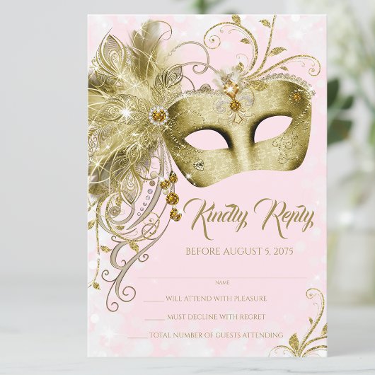 Roze Gouden Glitter Maskerade Feest Kaart