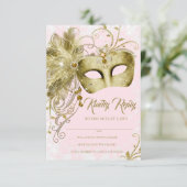 Roze Gouden Glitter Maskerade Feest Kaart (Staand voorkant)