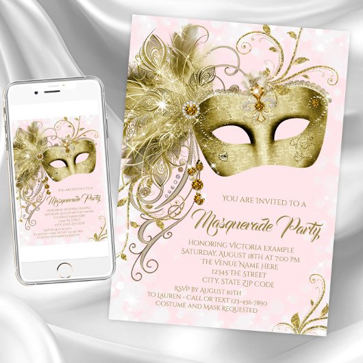 Roze Gouden Glitter Masquerade Party Kaart