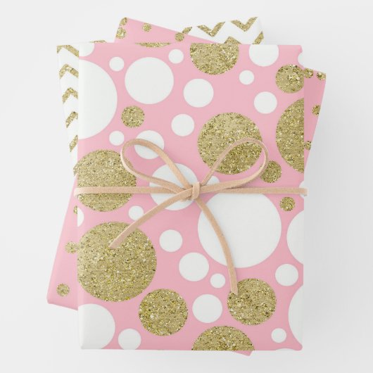 Roze & Gouden Glitter Matching Patronen Inpakpapier Vel (In situ)