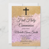 Roze Gouden Glitter Meisje 1e Eerste Heilige Commu Kaart (Voorkant)
