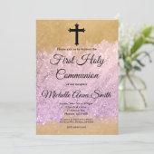 Roze Gouden Glitter Meisje 1e Eerste Heilige Commu Kaart (Staand voorkant)