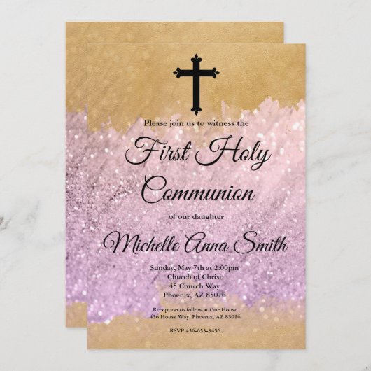 Roze Gouden Glitter Meisje 1e Eerste Heilige Commu Kaart (Voorkant / Achterkant)