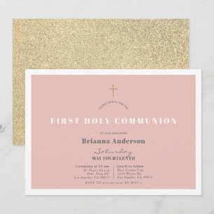 Roze Gouden Glitter Meisje Eerste Heilige Communie Kaart