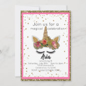 Roze Gouden Glitter Meisjes Betoverde Eenhoorn Ver Kaart (Voorkant)