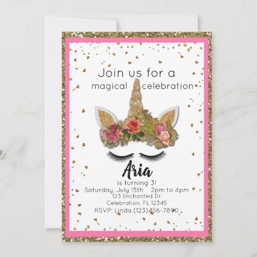 Roze Gouden Glitter Meisjes Betoverde Eenhoorn Ver Kaart (Voorkant)