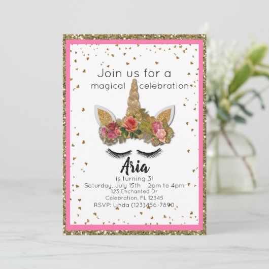 Roze Gouden Glitter Meisjes Betoverde Eenhoorn Ver Kaart (Staand voorkant)