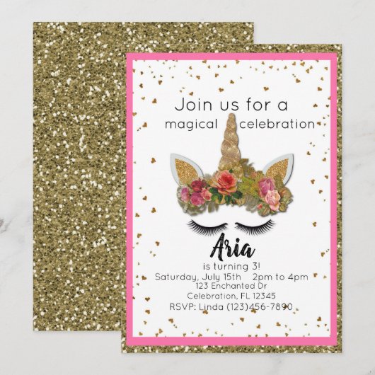 Roze Gouden Glitter Meisjes Betoverde Eenhoorn Ver Kaart (Voorkant / Achterkant)