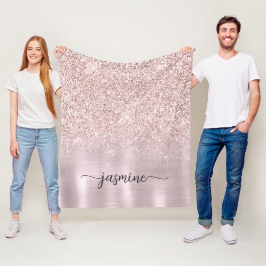 Roze Gouden Glitter Metallic Monogram Naam Script Fleece Deken (In situ)