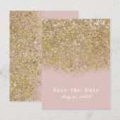 Roze & Gouden Glitter Modern Glam Save the Date Aankondigingskaart (Voorkant / Achterkant)