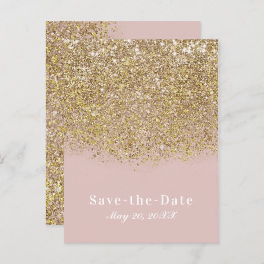 Roze & Gouden Glitter Modern Glam Save the Date Aankondigingskaart (Voorkant / Achterkant)