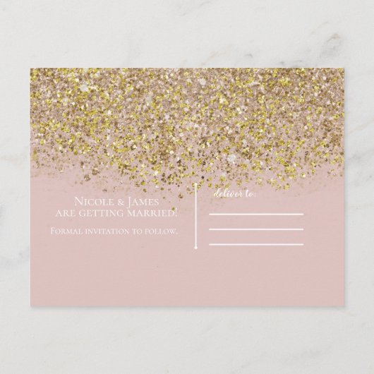 Roze & Gouden Glitter Modern Glam Save the Date Aankondigingskaart (Achterkant)
