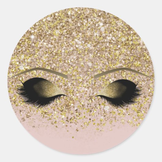 Roze & Gouden Glitter Moderne Gouden Make-up Wimpe Ronde Sticker (Voorkant)