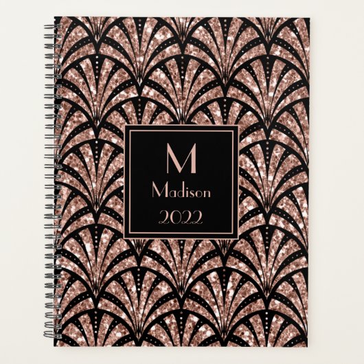 Roze Gouden Glitter Monogram Art Deco Patroon Planner (Voorkant)