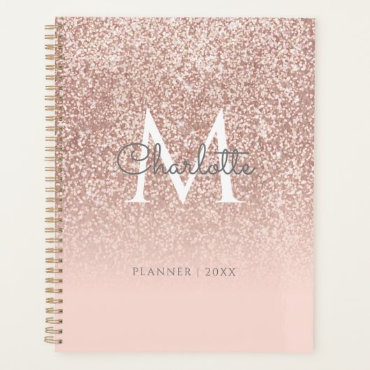 Roze Gouden Glitter Monogram Blush Roze 2023 Planner (Voorkant)